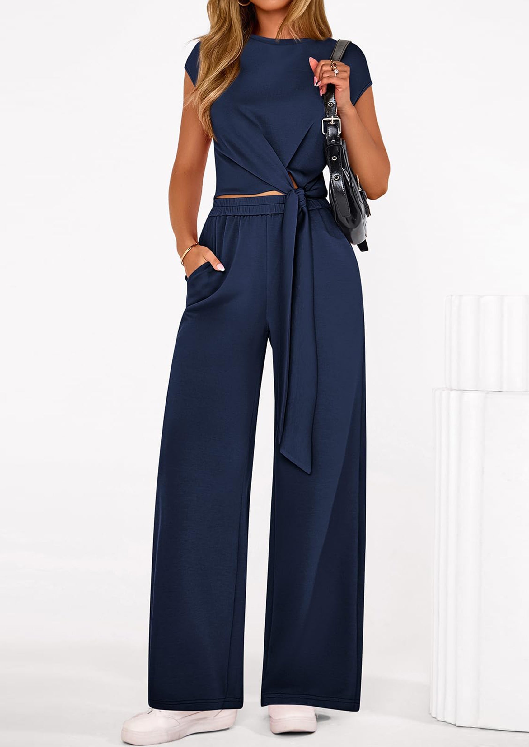 Osonn 2 Piece Matching Lounge Sets For Women Summer Short Sleeve Tie Front Crop Tops Casual Wide Leg Pants Tracksuit