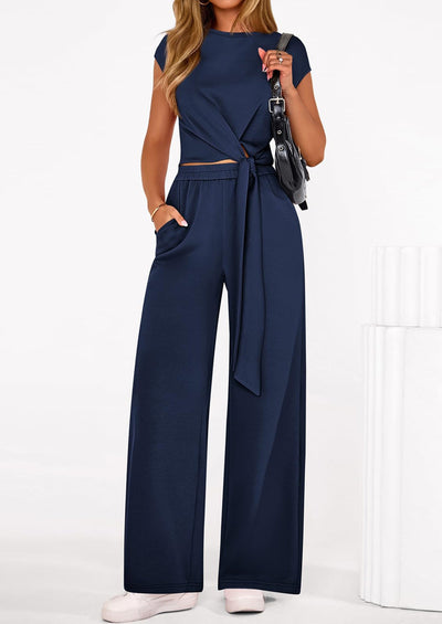 Osonn 2 Piece Matching Lounge Sets For Women Summer Short Sleeve Tie Front Crop Tops Casual Wide Leg Pants Tracksuit