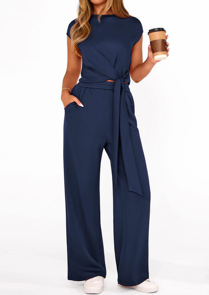 Osonn 2 Piece Matching Lounge Sets For Women Summer Short Sleeve Tie Front Crop Tops Casual Wide Leg Pants Tracksuit