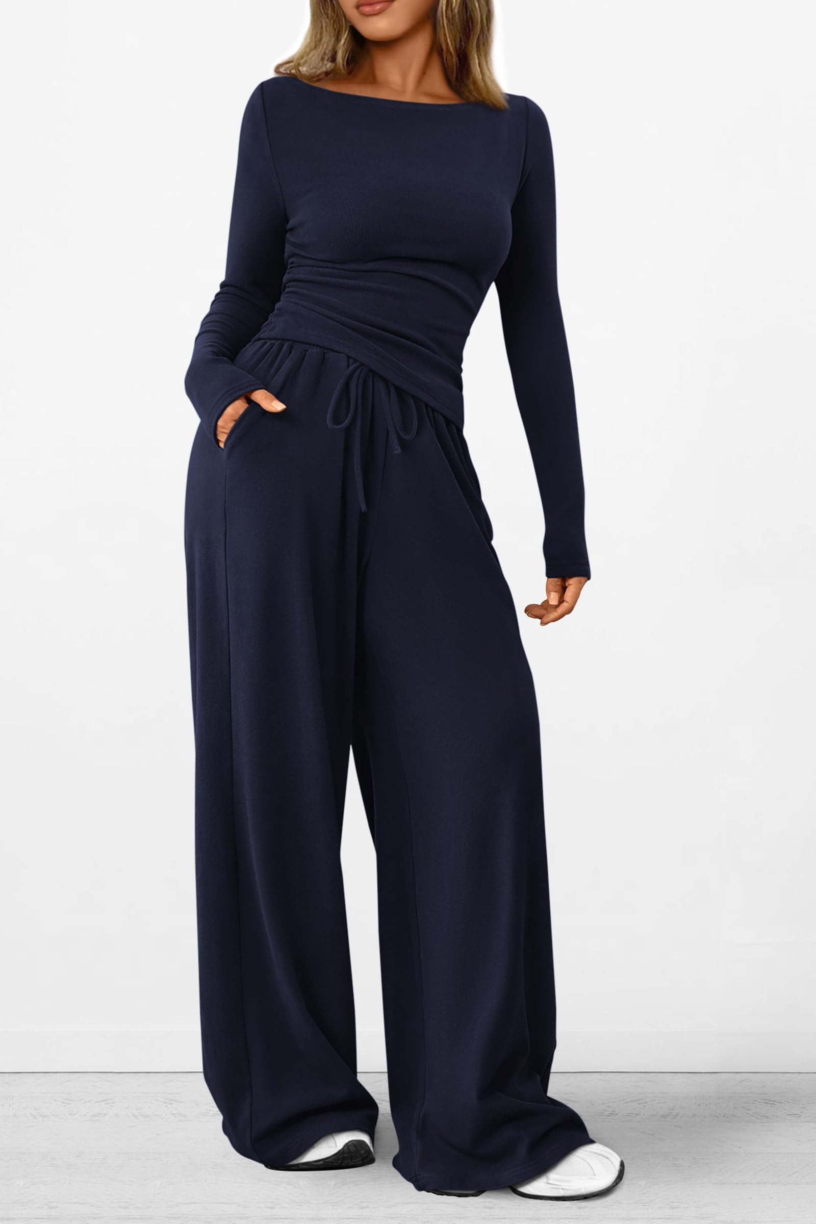 Osonn Women's 2 Piece Lounge Sets Asymmetrical Long Sleeve T Shirt Wide Leg Pants Casual Outfits Tracksuit
