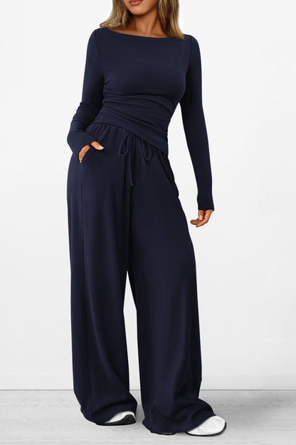 Osonn Women's 2 Piece Lounge Sets Asymmetrical Long Sleeve T Shirt Wide Leg Pants Casual Outfits Tracksuit