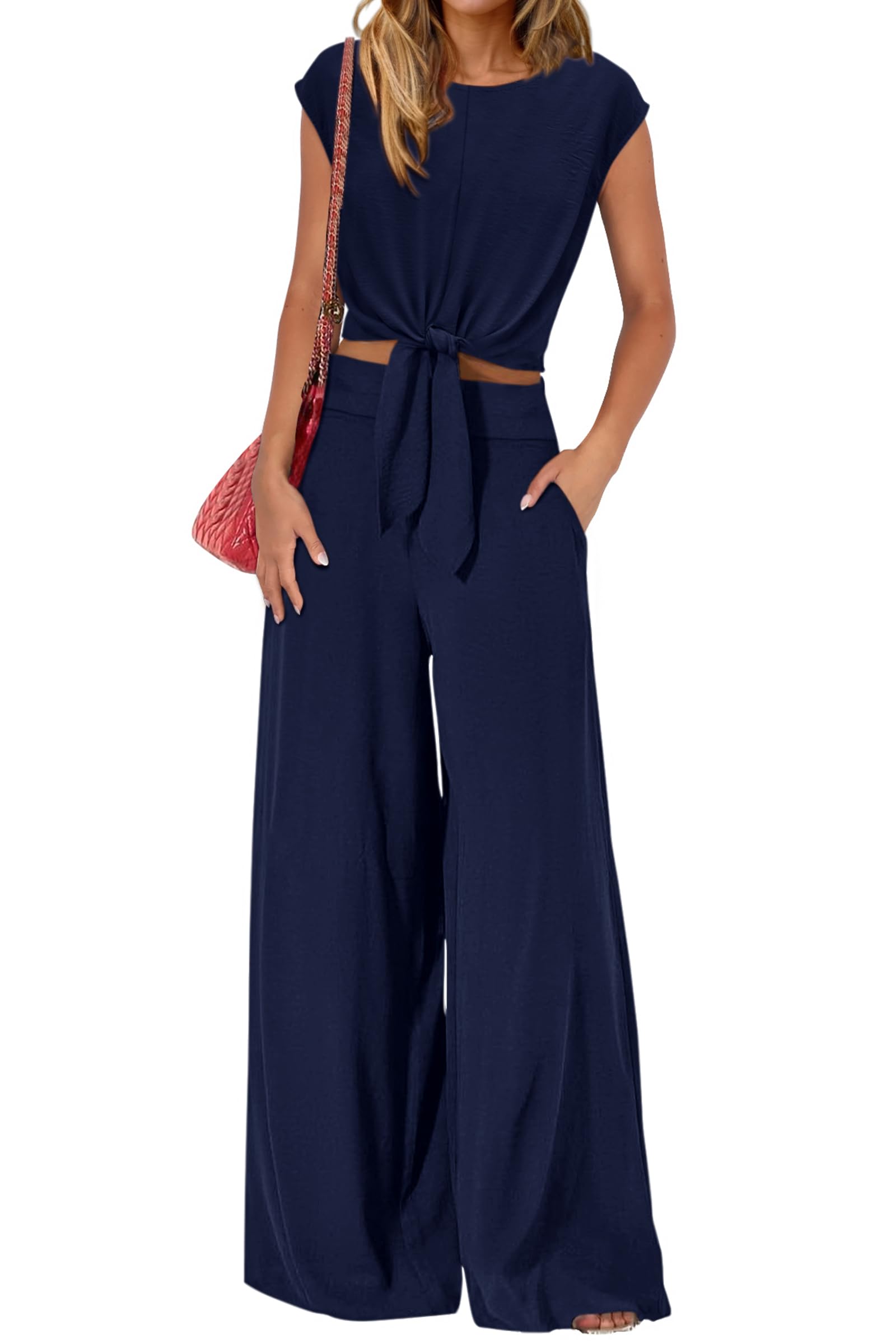 Osonn Women 2 Piece Lounge Sets Casual Summer Outfits Cap Sleeve Strappy Crop Tops Wide Leg Pant Tracksuit