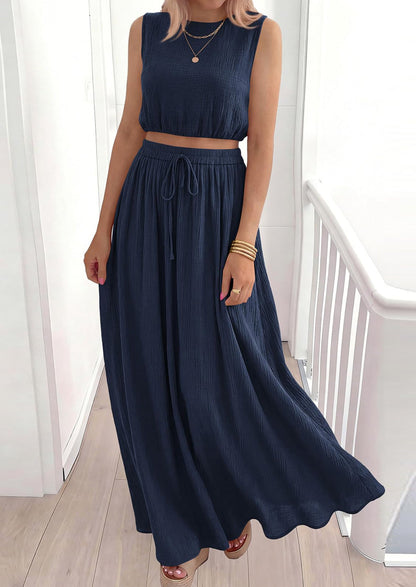 Osonn 2 Piece Sets for Women Summer Outfits Fashion Cotton Sleeveless Crop Top Long Maxi Skirt Set with Pockets