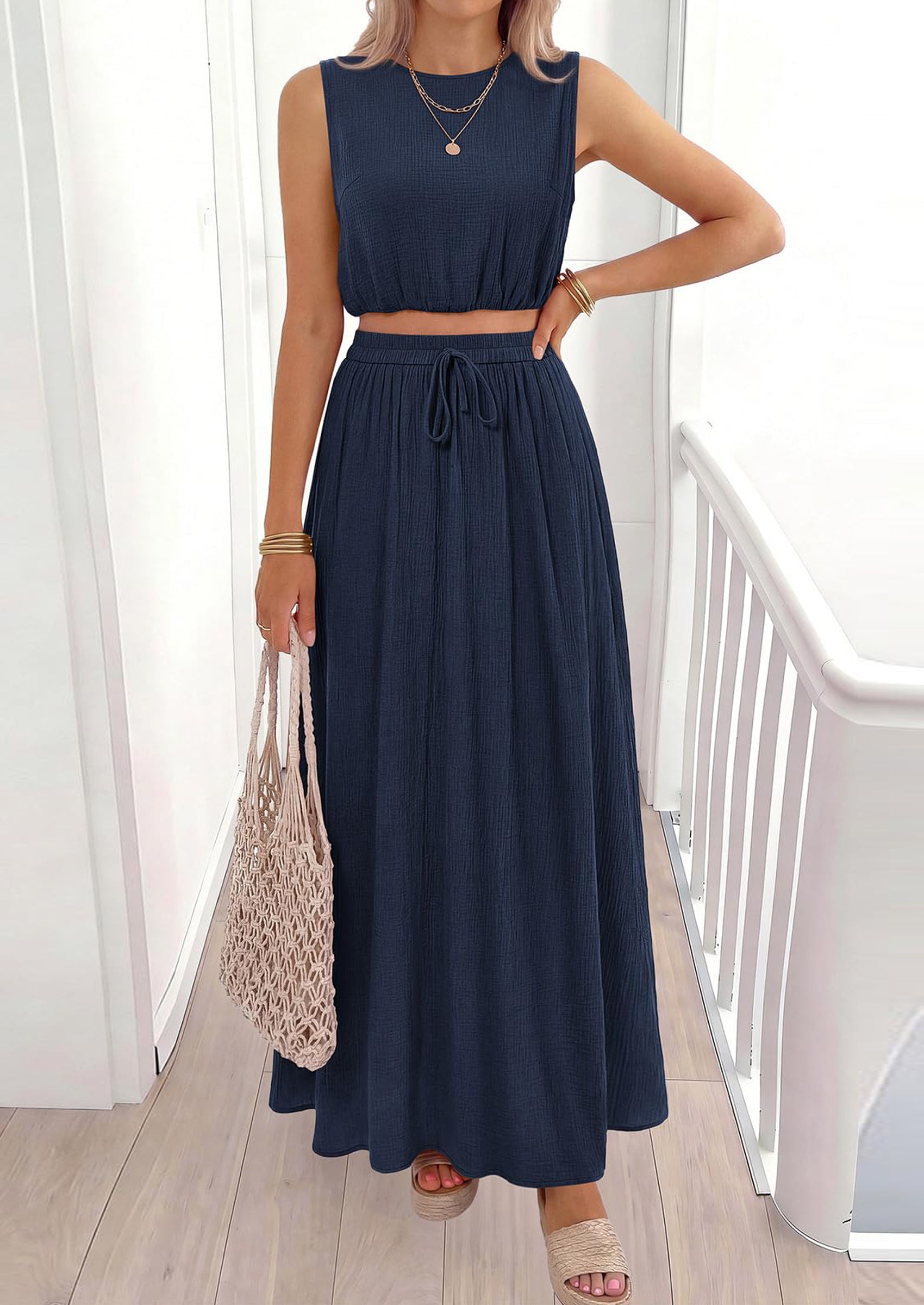 Osonn 2 Piece Sets for Women Summer Outfits Fashion Cotton Sleeveless Crop Top Long Maxi Skirt Set with Pockets