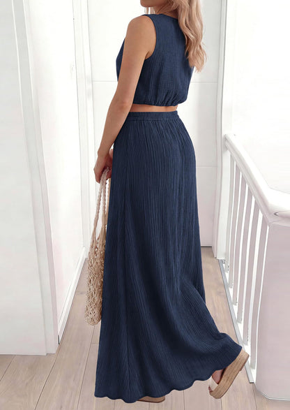 Osonn 2 Piece Sets for Women Summer Outfits Fashion Cotton Sleeveless Crop Top Long Maxi Skirt Set with Pockets