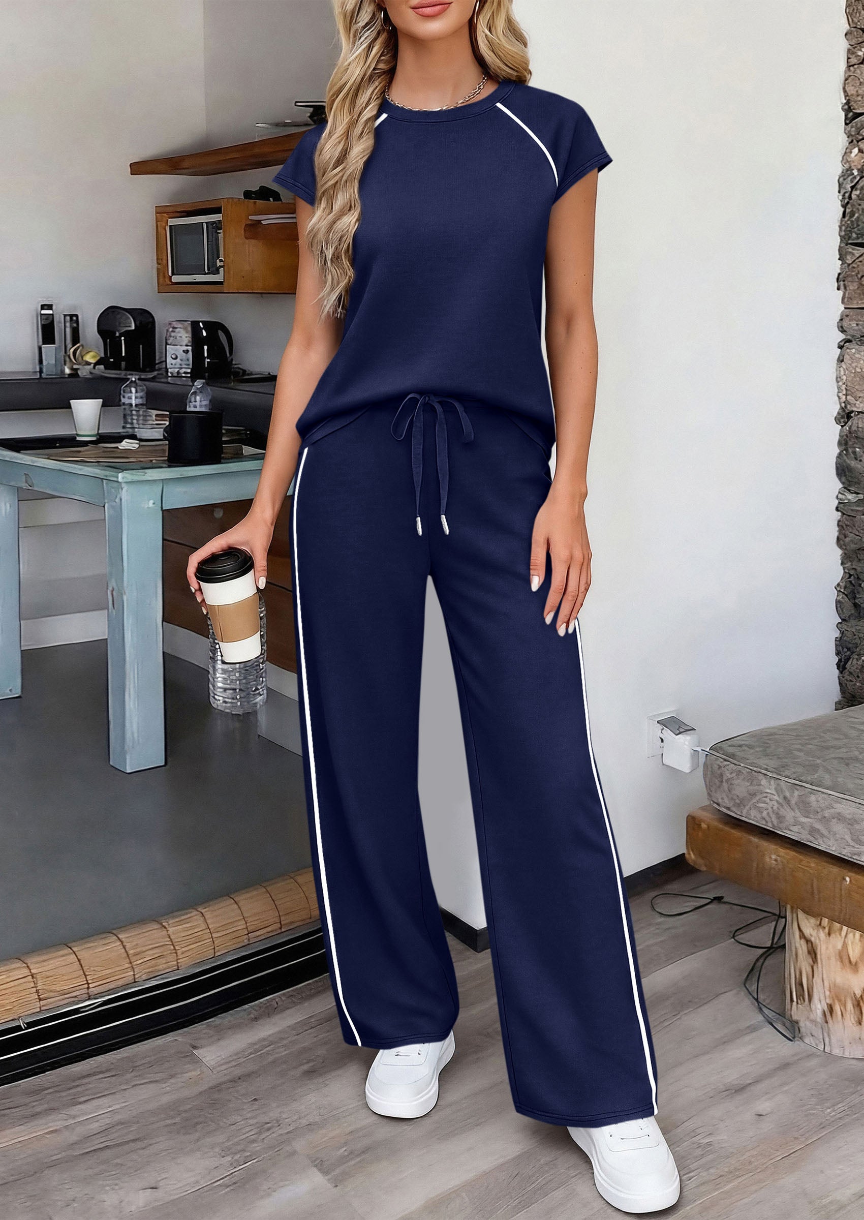Osonn Women's 2 Piece Lounge Sets Summer Cap Sleeve Tops Wide Leg Pants Travel Outfits Matching Fashion Clothing