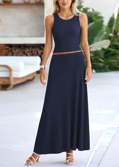 Osonn 2 Piece Maxi Skirt Sets Casual Knit Cropped Tank Top High Waisted Long Skirts Outfit