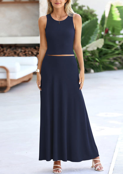 Osonn 2 Piece Maxi Skirt Sets Casual Knit Cropped Tank Top High Waisted Long Skirts Outfit