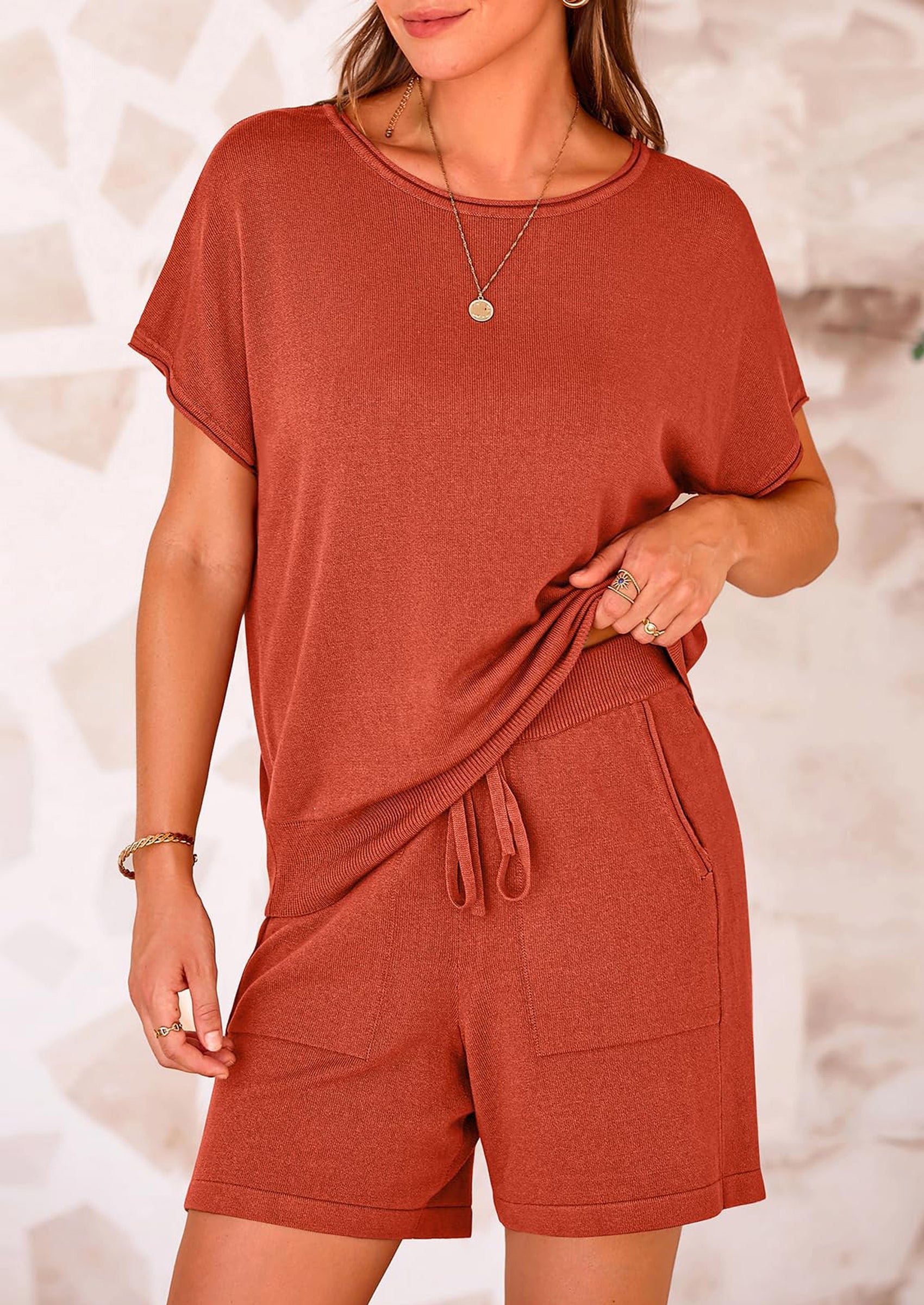 Osonn Two Piece Set for Women Summer Lounge Sets Shorts And Short Sleeve Tops Knitted Matching Travel Spring Outfits
