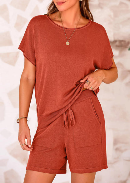 Osonn Two Piece Set for Women Summer Lounge Sets Shorts And Short Sleeve Tops Knitted Matching Travel Spring Outfits