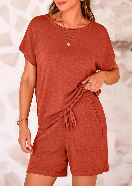 Osonn Two Piece Set for Women Summer Lounge Sets Shorts And Short Sleeve Tops Knitted Matching Travel Spring Outfits