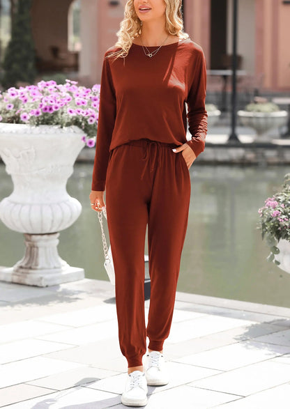 Osonn Lounge Outfit Long Sleeve Crewneck Pullover Tops High Waisted Pants Set Tracksuit