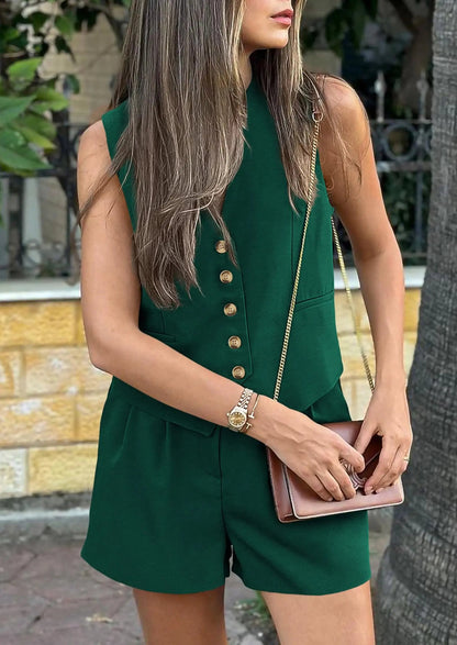 Osonn Women's Summer 2 Piece Outfits Sleeveless Matching Sets Button Down V Neck Vest Waistcoat and Pockets Shorts