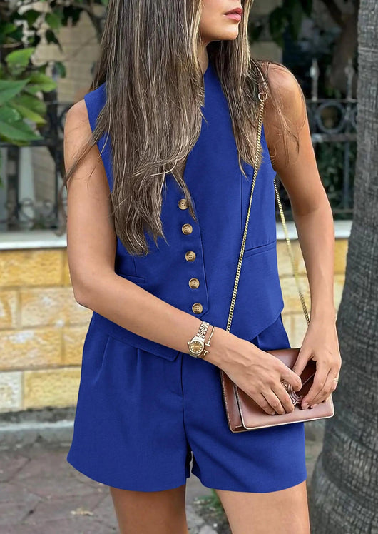 Osonn Women's Summer 2 Piece Outfits Sleeveless Matching Sets Button Down V Neck Vest Waistcoat and Pockets Shorts