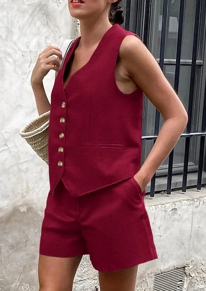 Osonn Women's Summer 2 Piece Outfits Sleeveless Matching Sets Button Down V Neck Vest Waistcoat and Pockets Shorts