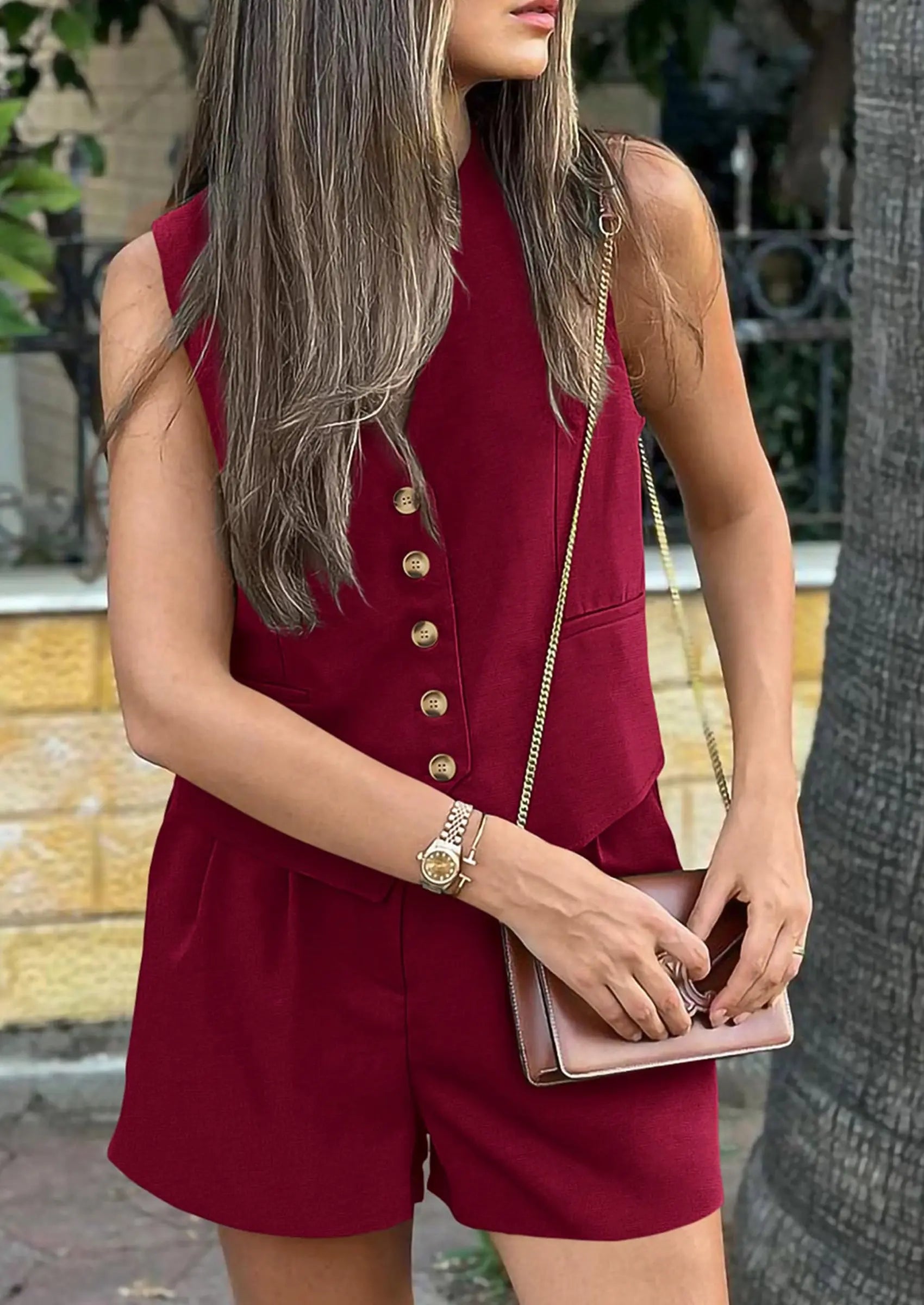 Osonn Women's Summer 2 Piece Outfits Sleeveless Matching Sets Button Down V Neck Vest Waistcoat and Pockets Shorts
