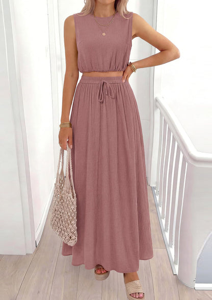Osonn 2 Piece Sets for Women Summer Outfits Fashion Cotton Sleeveless Crop Top Long Maxi Skirt Set with Pockets