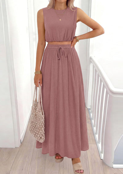 Osonn 2 Piece Sets for Women Summer Outfits Fashion Cotton Sleeveless Crop Top Long Maxi Skirt Set with Pockets