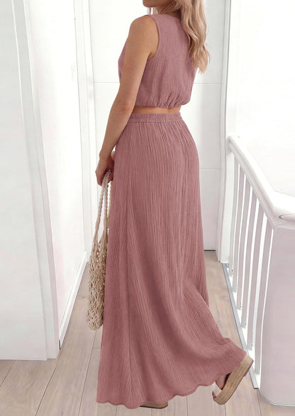 Osonn 2 Piece Sets for Women Summer Outfits Fashion Cotton Sleeveless Crop Top Long Maxi Skirt Set with Pockets