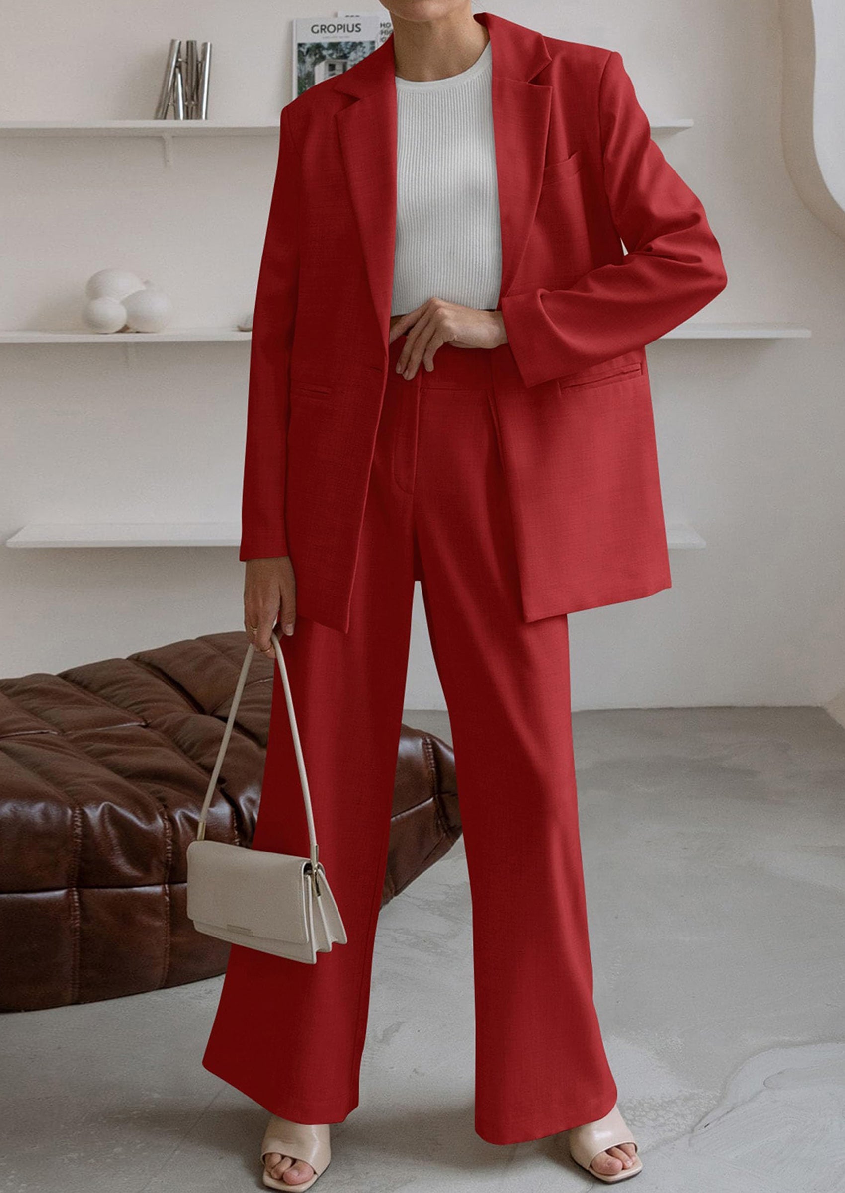 Osonn Women's Fall Two Piece Outfits Dressy Blazer Jacket and Wide Leg Pants Pockets Business Casual Office Suit Sets