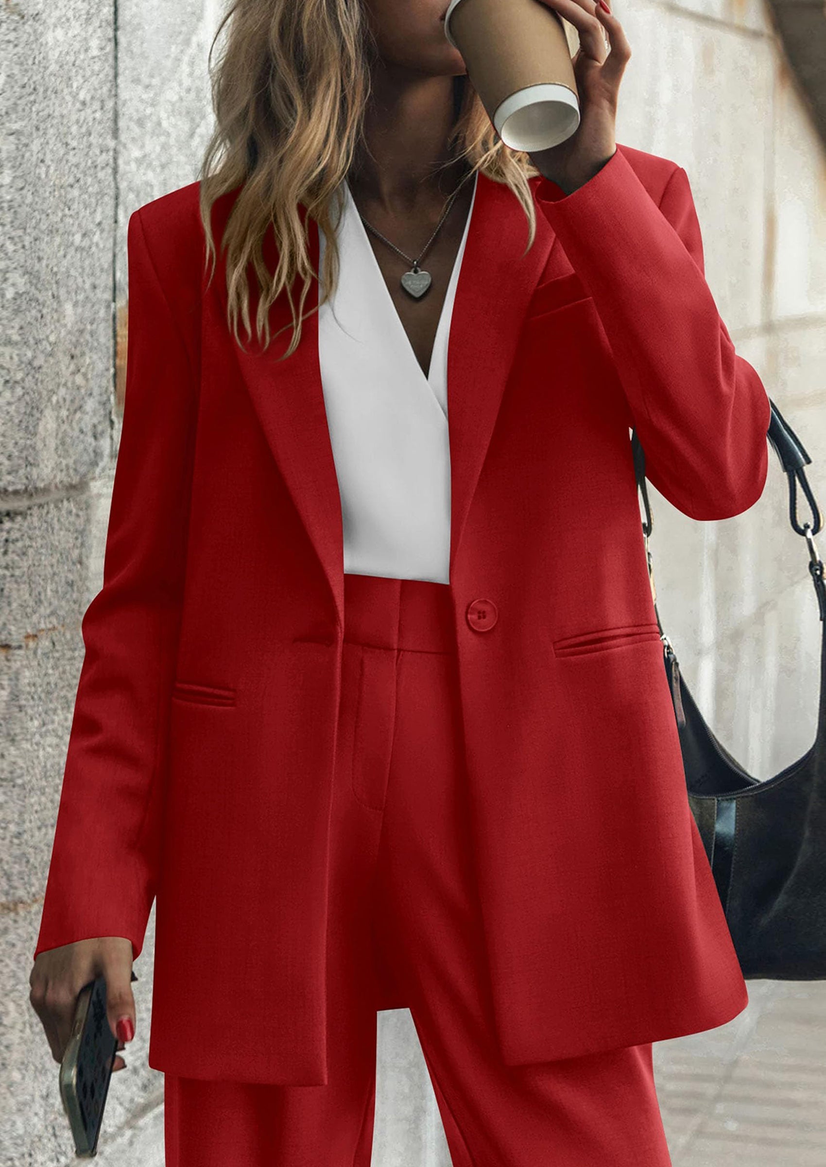 Osonn Women's Fall Two Piece Outfits Dressy Blazer Jacket and Wide Leg Pants Pockets Business Casual Office Suit Sets
