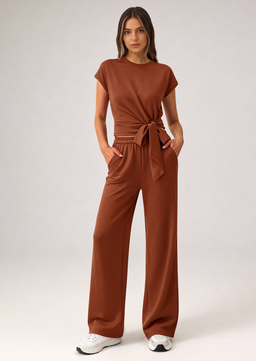 Osonn 2 Piece Matching Lounge Sets For Women Summer Short Sleeve Tie Front Crop Tops Casual Wide Leg Pants Tracksuit