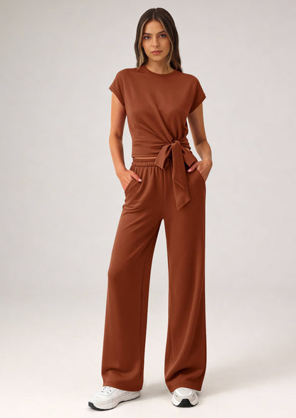 Osonn 2 Piece Matching Lounge Sets For Women Summer Short Sleeve Tie Front Crop Tops Casual Wide Leg Pants Tracksuit