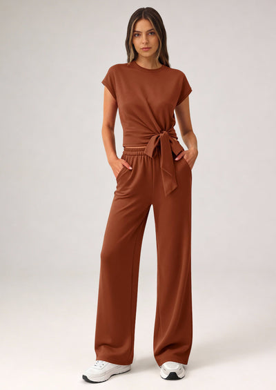 Osonn 2 Piece Matching Lounge Sets For Women Summer Short Sleeve Tie Front Crop Tops Casual Wide Leg Pants Tracksuit