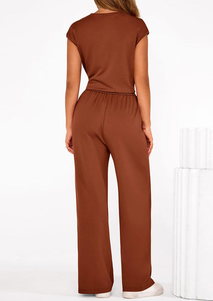 Osonn 2 Piece Matching Lounge Sets For Women Summer Short Sleeve Tie Front Crop Tops Casual Wide Leg Pants Tracksuit