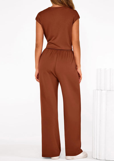 Osonn 2 Piece Matching Lounge Sets For Women Summer Short Sleeve Tie Front Crop Tops Casual Wide Leg Pants Tracksuit
