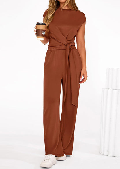 Osonn 2 Piece Matching Lounge Sets For Women Summer Short Sleeve Tie Front Crop Tops Casual Wide Leg Pants Tracksuit