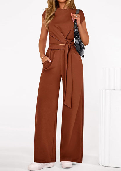 Osonn 2 Piece Matching Lounge Sets For Women Summer Short Sleeve Tie Front Crop Tops Casual Wide Leg Pants Tracksuit
