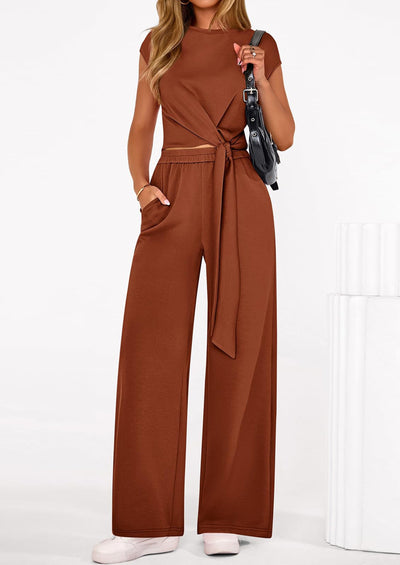 Osonn 2 Piece Matching Lounge Sets For Women Summer Short Sleeve Tie Front Crop Tops Casual Wide Leg Pants Tracksuit