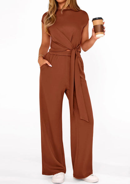 Osonn 2 Piece Matching Lounge Sets For Women Summer Short Sleeve Tie Front Crop Tops Casual Wide Leg Pants Tracksuit