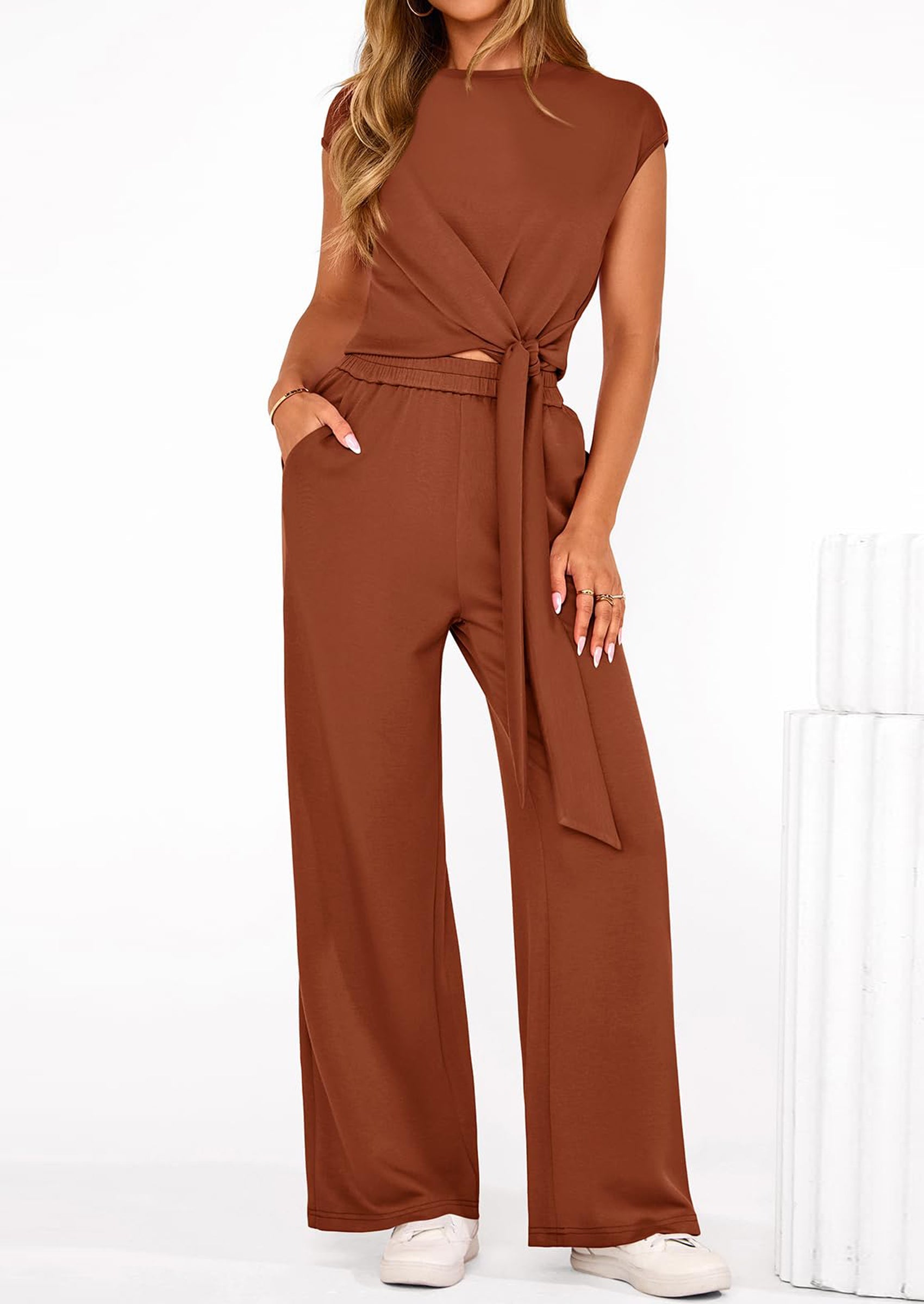 Osonn 2 Piece Matching Lounge Sets For Women Summer Short Sleeve Tie Front Crop Tops Casual Wide Leg Pants Tracksuit