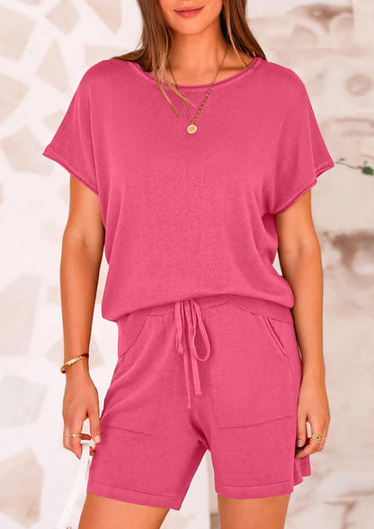 Osonn Two Piece Set for Women Summer Lounge Sets Shorts And Short Sleeve Tops Knitted Matching Travel Spring Outfits