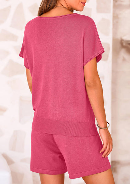 Osonn Two Piece Set for Women Summer Lounge Sets Shorts And Short Sleeve Tops Knitted Matching Travel Spring Outfits