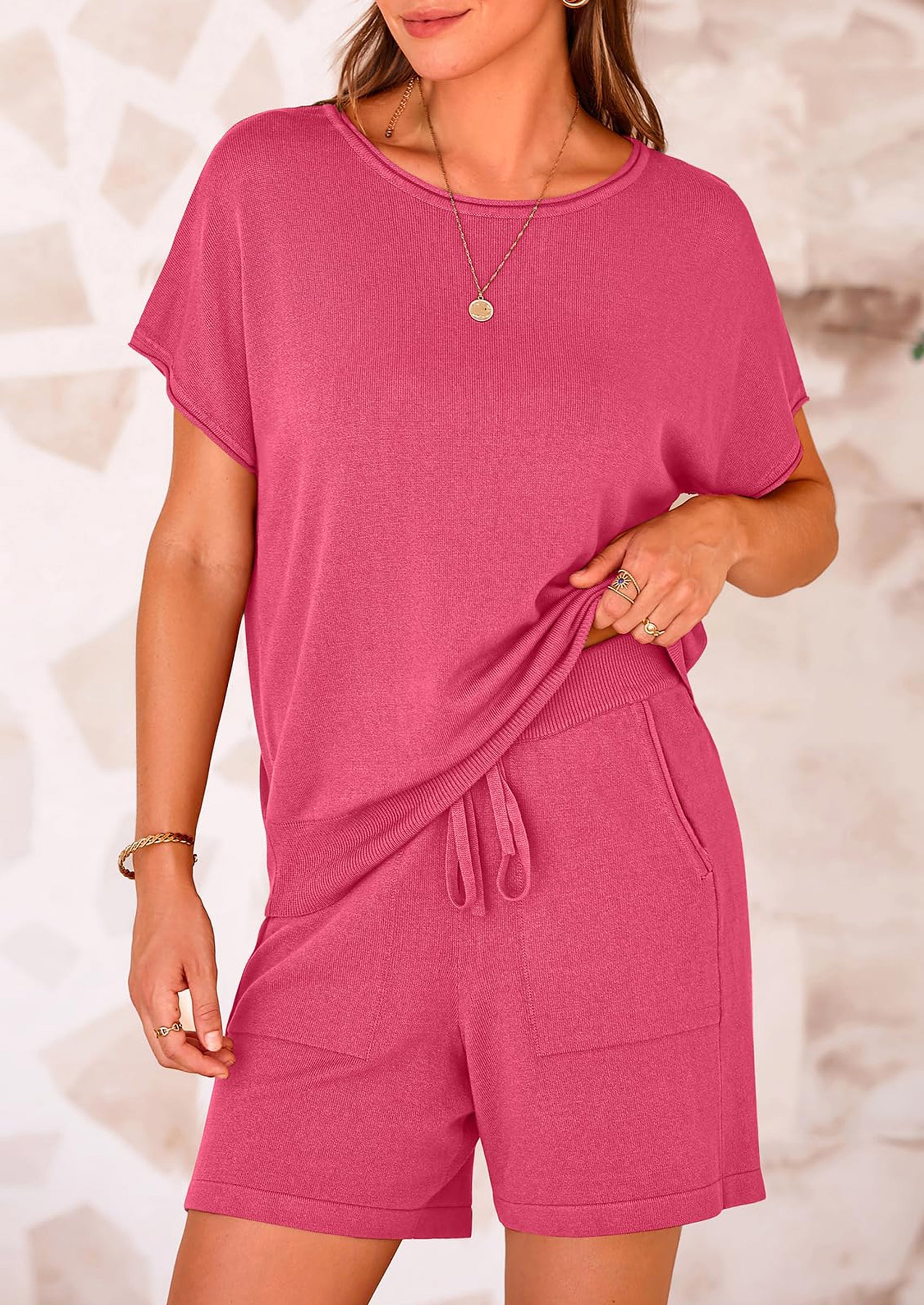 Osonn Two Piece Set for Women Summer Lounge Sets Shorts And Short Sleeve Tops Knitted Matching Travel Spring Outfits