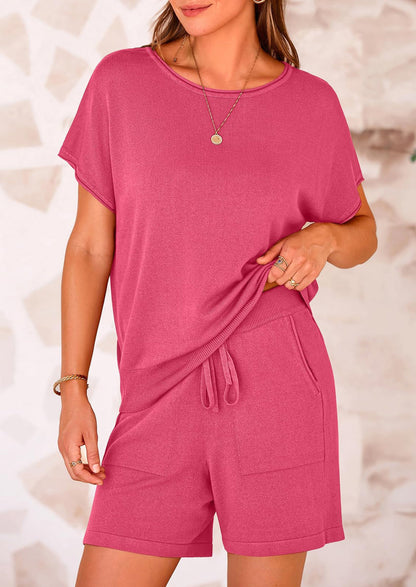 Osonn Two Piece Set for Women Summer Lounge Sets Shorts And Short Sleeve Tops Knitted Matching Travel Spring Outfits