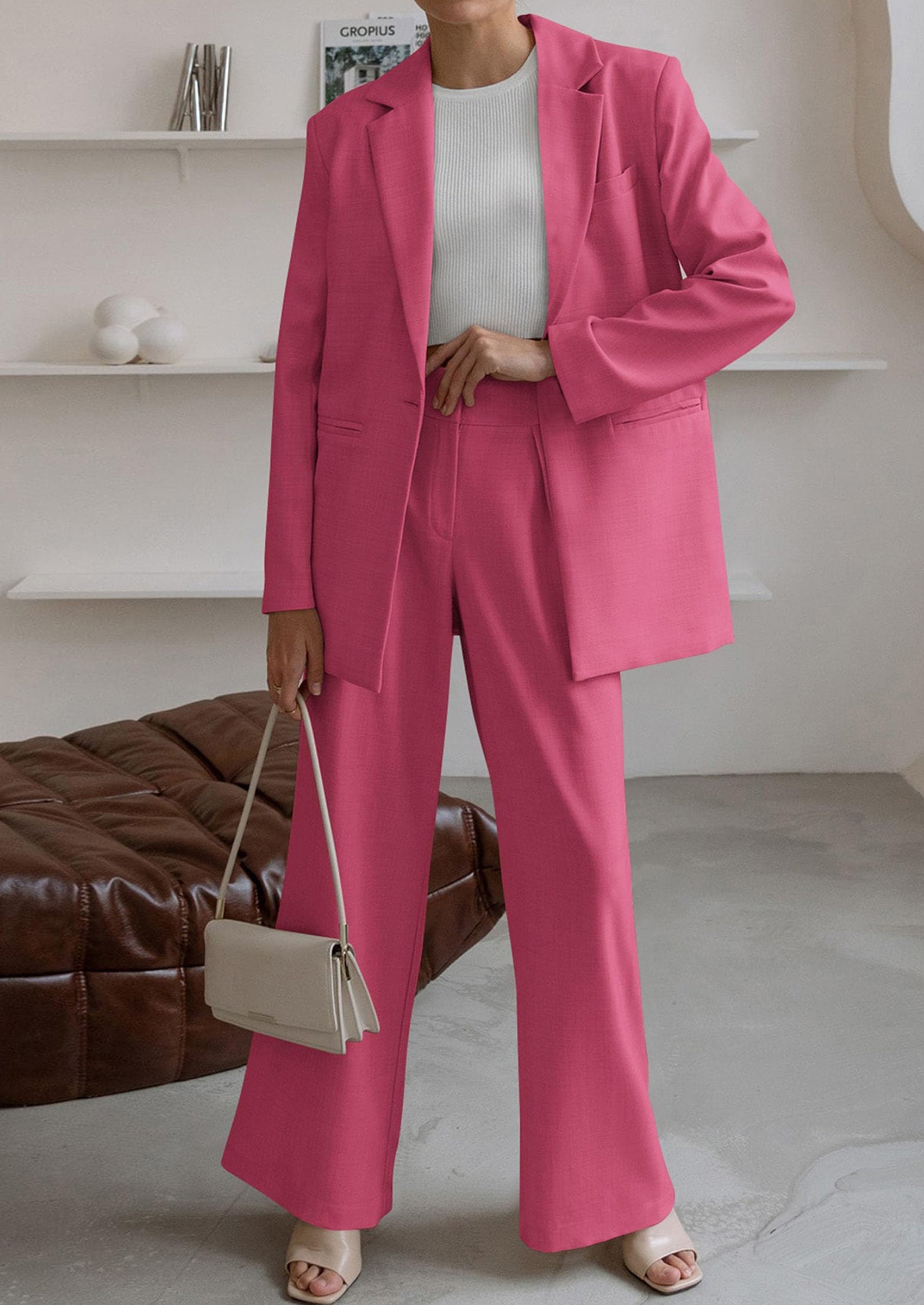 Osonn Women's Fall Two Piece Outfits Dressy Blazer Jacket and Wide Leg Pants Pockets Business Casual Office Suit Sets