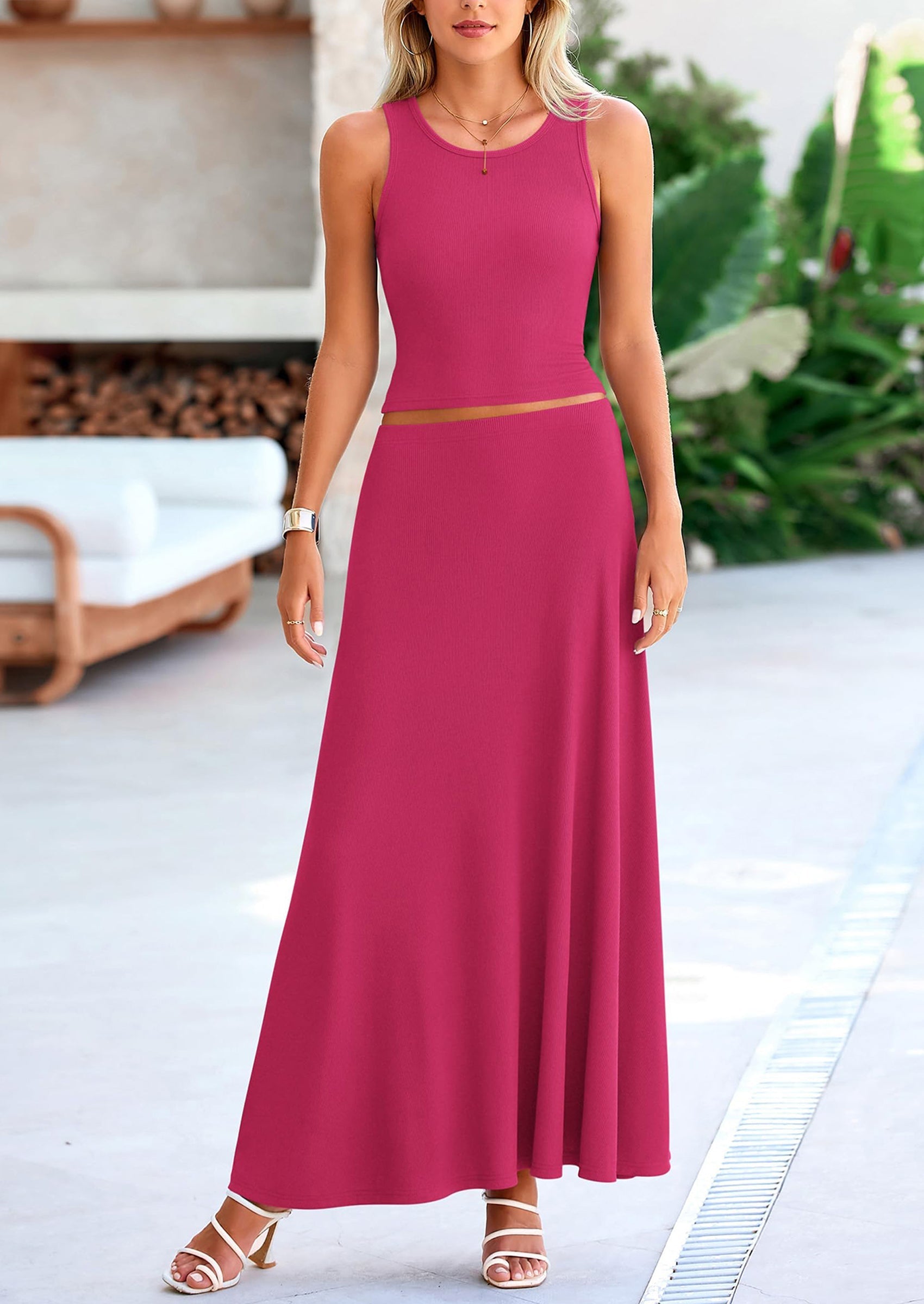 Osonn 2 Piece Maxi Skirt Sets Casual Knit Cropped Tank Top High Waisted Long Skirts Outfit