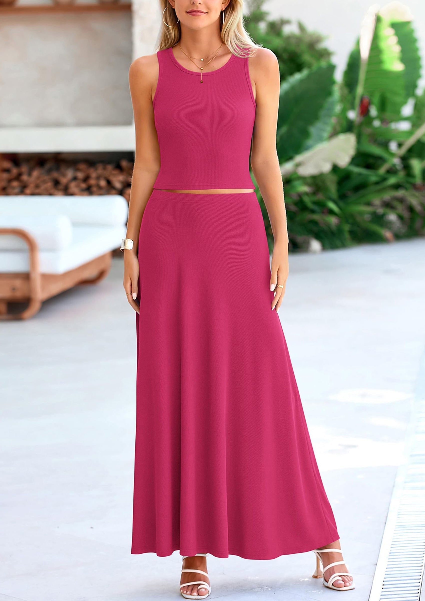 Osonn 2 Piece Maxi Skirt Sets Casual Knit Cropped Tank Top High Waisted Long Skirts Outfit