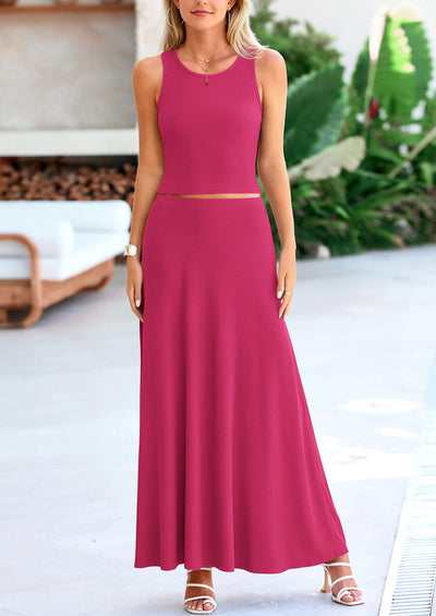 Osonn 2 Piece Maxi Skirt Sets Casual Knit Cropped Tank Top High Waisted Long Skirts Outfit