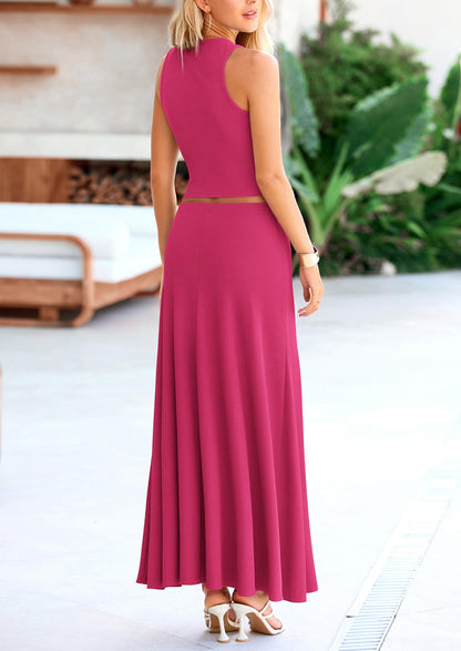 Osonn 2 Piece Maxi Skirt Sets Casual Knit Cropped Tank Top High Waisted Long Skirts Outfit