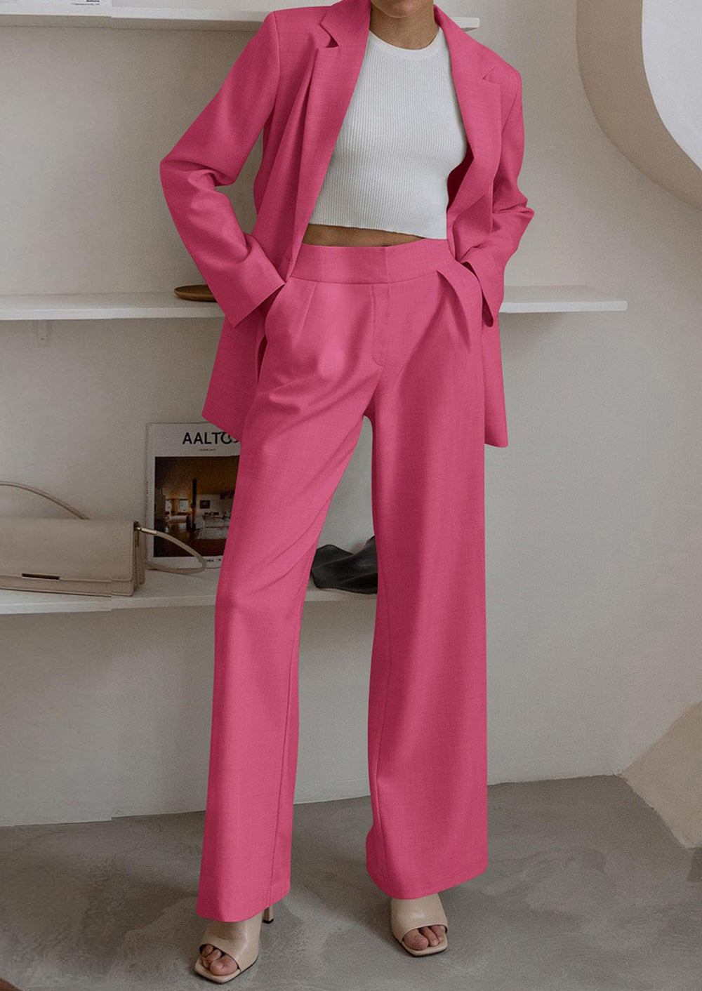 Osonn Women's Fall Two Piece Outfits Dressy Blazer Jacket and Wide Leg Pants Pockets Business Casual Office Suit Sets