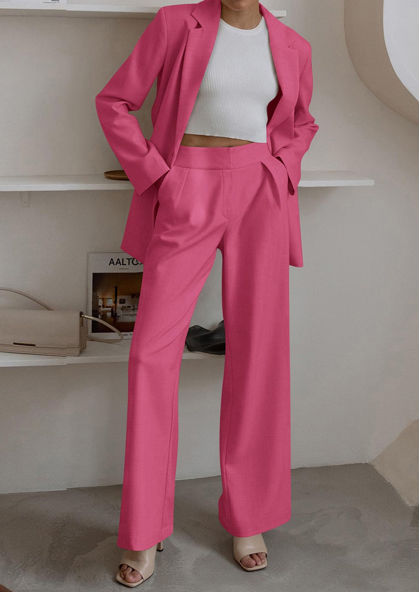 Osonn Women's Fall Two Piece Outfits Dressy Blazer Jacket and Wide Leg Pants Pockets Business Casual Office Suit Sets