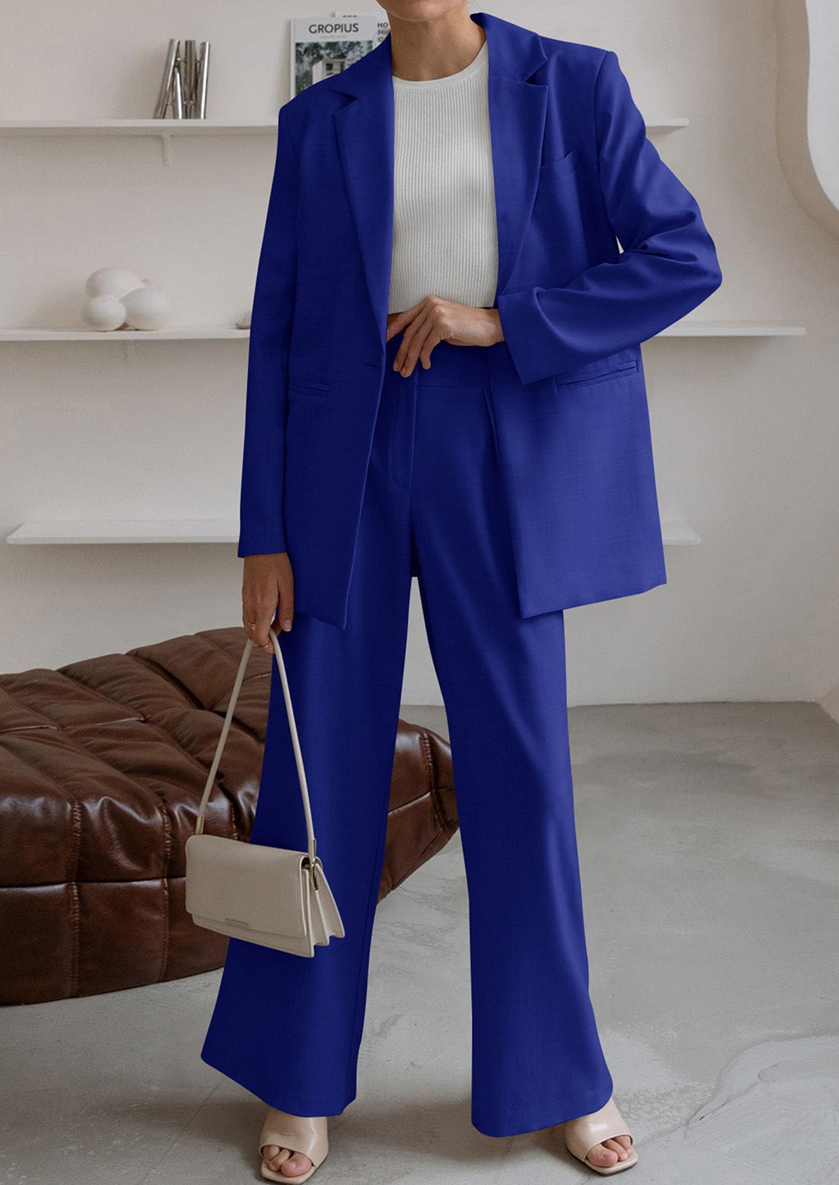 Osonn Women's Fall Two Piece Outfits Dressy Blazer Jacket and Wide Leg Pants Pockets Business Casual Office Suit Sets