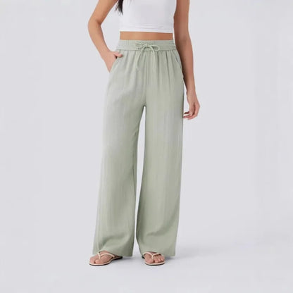 Women's Casual Pants Spring and Summer High Waist Drawstring Side Pocket Wide Leg Pants