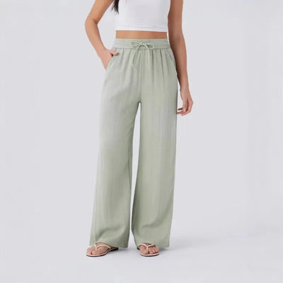 Women's Casual Pants Spring and Summer High Waist Drawstring Side Pocket Wide Leg Pants