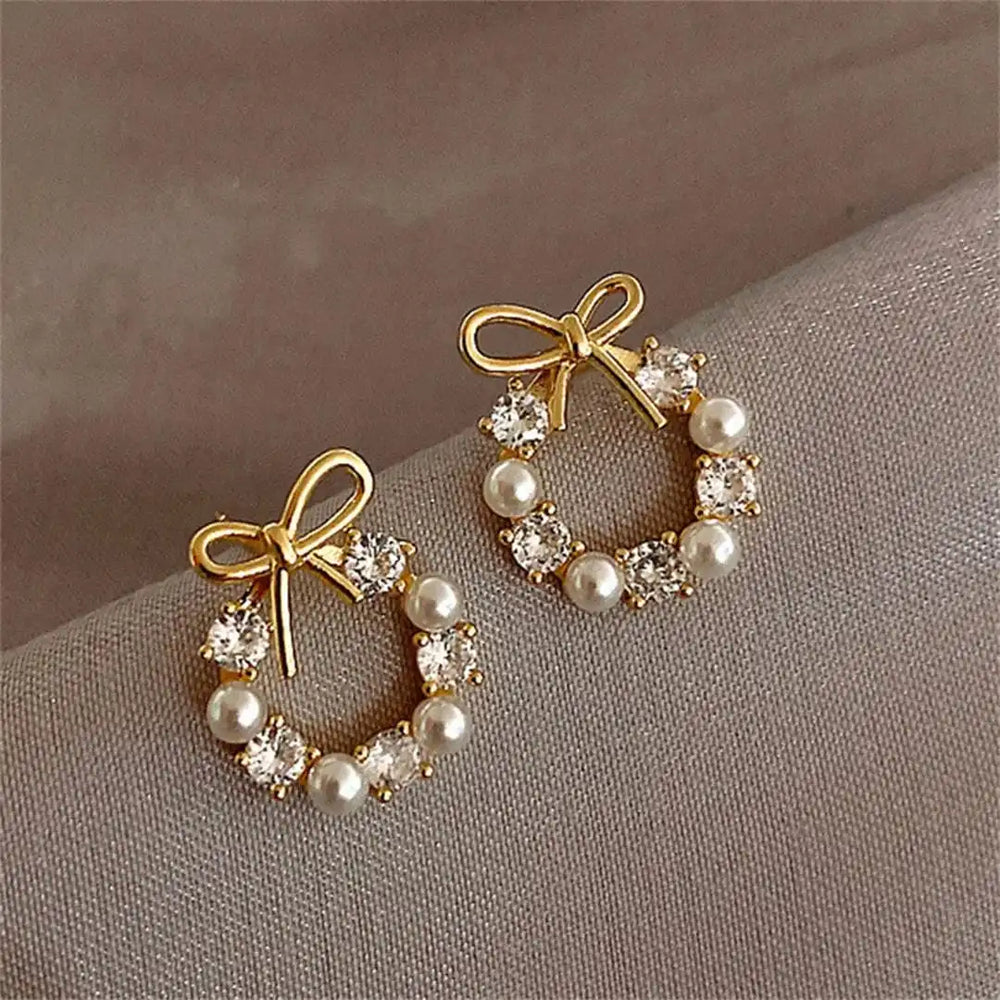 Bow Pearl Circle Stud Earrings — image 2